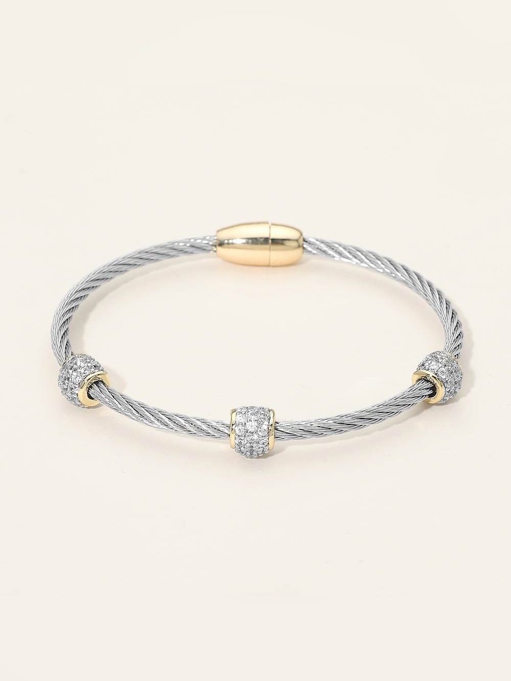 14K Gold Plated Two Tone CZ Stone Paved Cluster Twisted Magnetic Bangle Bracelet